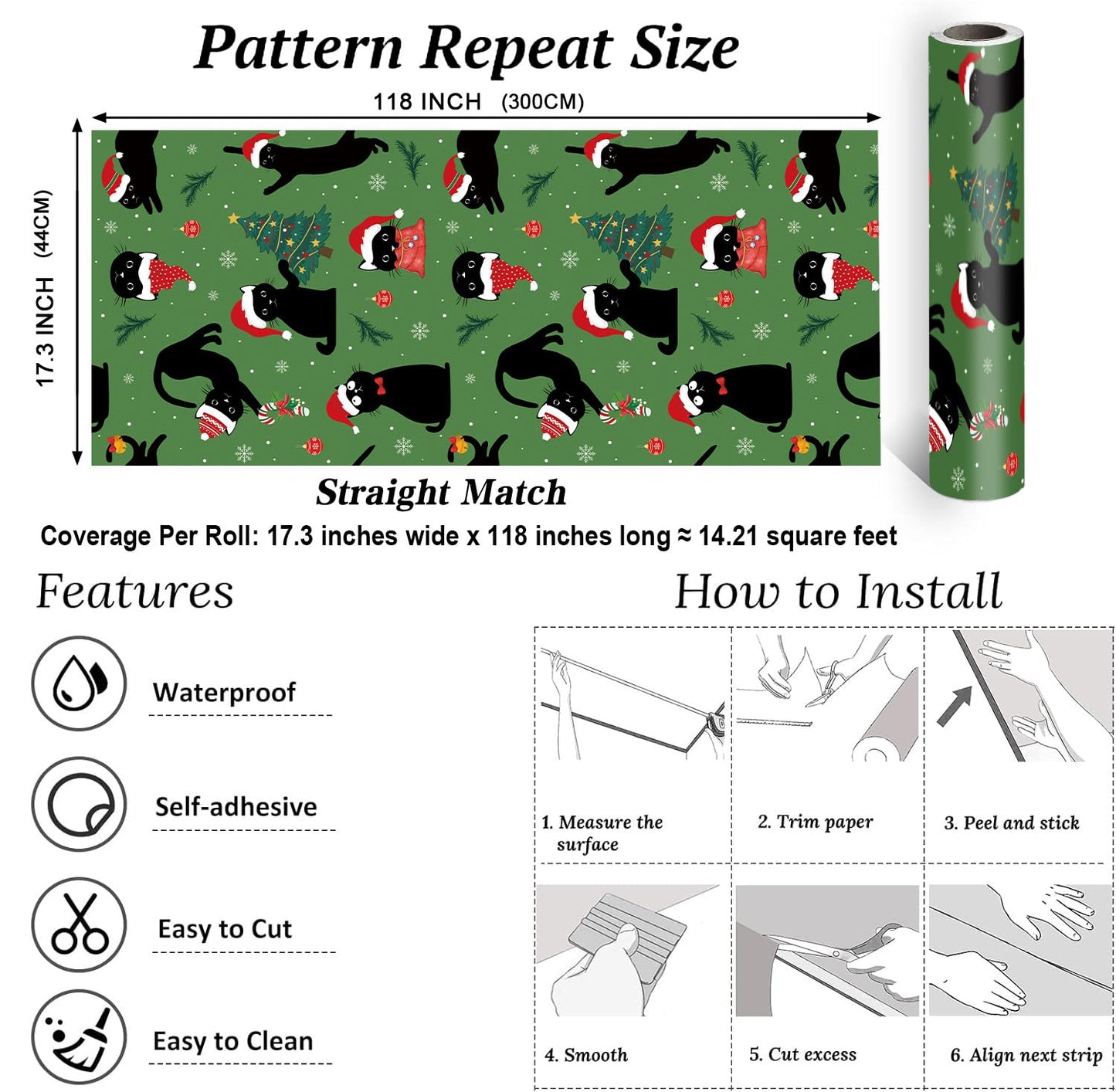 LHIUEM 17.3”X118”-Christmas Cat Wallpaper Peel and Stick Merry Christmas Tree Contact Paper for Cabinets Black Cats Santa Hats Wallpaper Candy Cane Gift Wrapping Paper for Cat Lovers Party