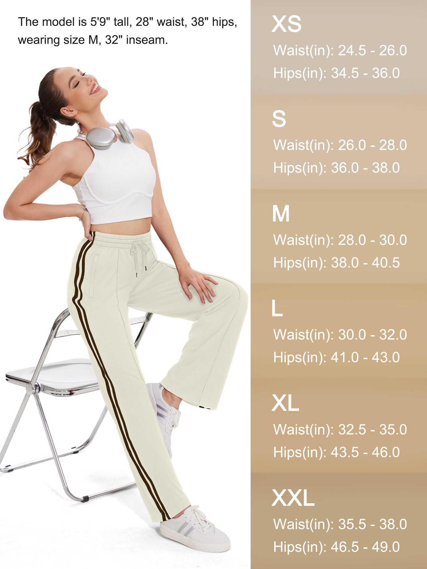 Tapata Petite Women's 28" Inseam Casual Pants Track Athletic Sweatpants Warm Up Loose Side Stripe Street Slacks, Beige, XL