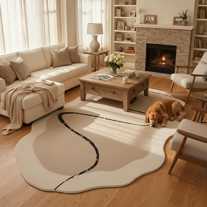 5x8 Irregular Rug Modern Minimalist Off White Brown Line Art Deco Abstract Shaped Rug for Meetingroom Bedroom Living Room Washable Thin Plush Carpet Non Skid Easy Clean Nursery Indoor Floorcovers