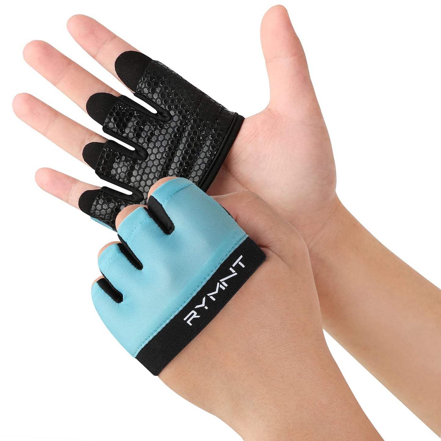 RYMNT Minimal Workout Gloves,Short Micro Weight Lifting Gloves Grip Pads with Full Palm Protection & Extra Grip for Men Women Weightlifting,Gym,Cross Training,Powerlifting,WODs.Aqua-Large