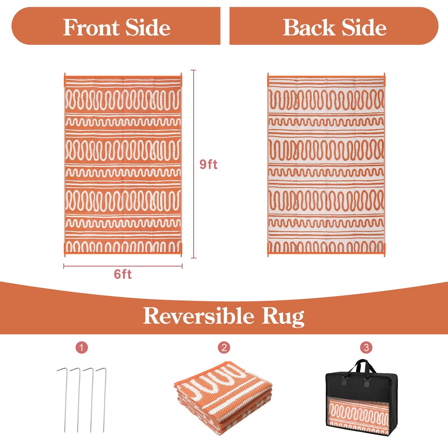 Beeiva Boho Outdoor Rug 8x10 Waterproof for Patio, Reversible Plastic Straw Rug for RV Camping, Deck, Balcony, Backyard, Orange