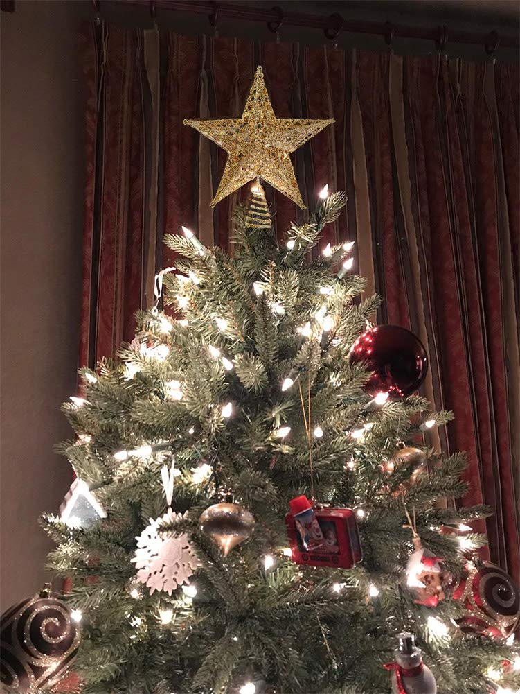 Christmas Tree Star Topper, Xmas Tree Topper Glittered 5 Point Star Treetop for Christmas Tree Ornament Indoor Party Home Decoration (Golden, 6inch)