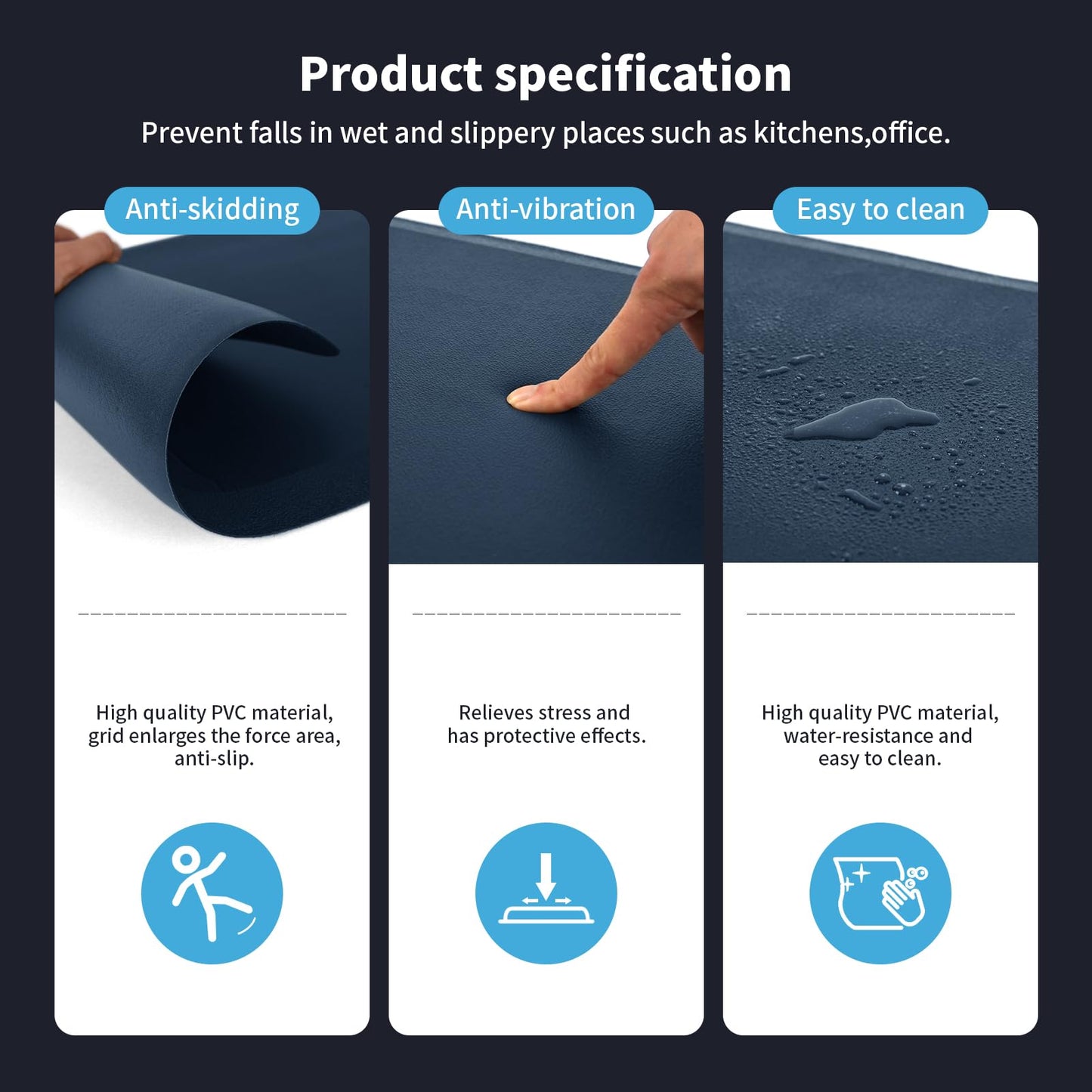 Art3d Anti Fatigue Mat - 1/2 Inch Cushioned Kitchen Mats - Comfort & Non Slip Cushion for Standing Desk, Office or Garage Floor (17.3"x28", Majolica Blue)