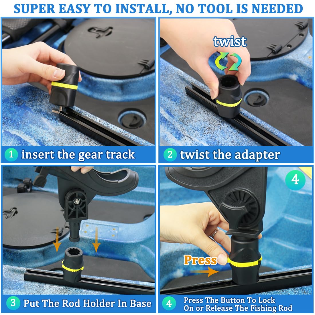 Huntury Track Mount Fishing Rod Holder with 360° Adjustable Kayak Track Adapter for Kayak & Boat | Compatible with Spinning, Casting | Quick Lock On or Release, Kayak Fishing Accessories (Pack of 1)