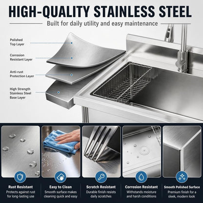 Gray Utility Sink, 47 x 22 x 37 Inch Freestanding Stainless Steel Single Bowl Laundry Sink With Pull-Down Faucet, Large Workbench Top, Modern Metallic Finish for Garage, Mudroom