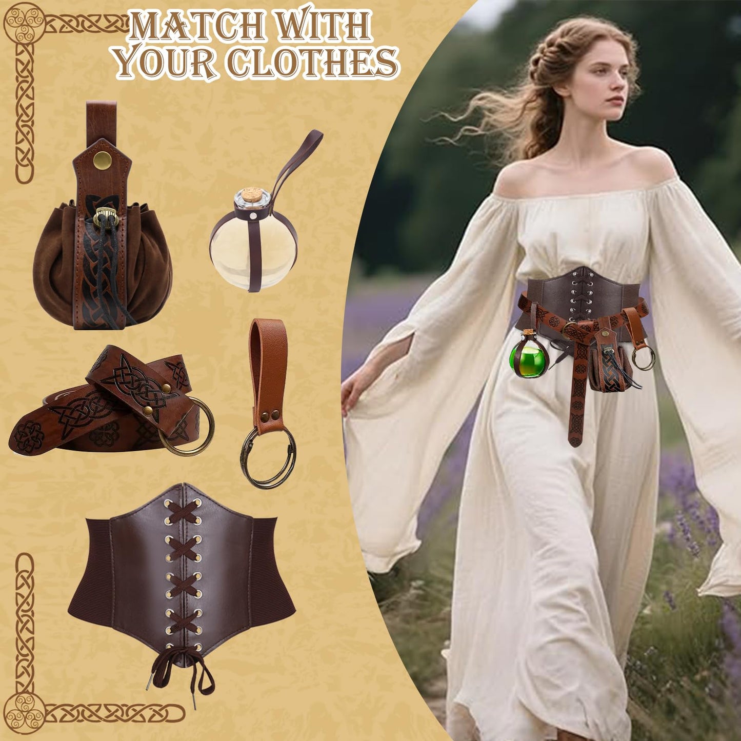 A ANGG Renaissance Belt, 5 Pcs Renaissance Accessories Women Medieval Belt Potion Bottle Corset Pouch Skirt Hike, Halloween Cosplay Costume Accessories（S Brown