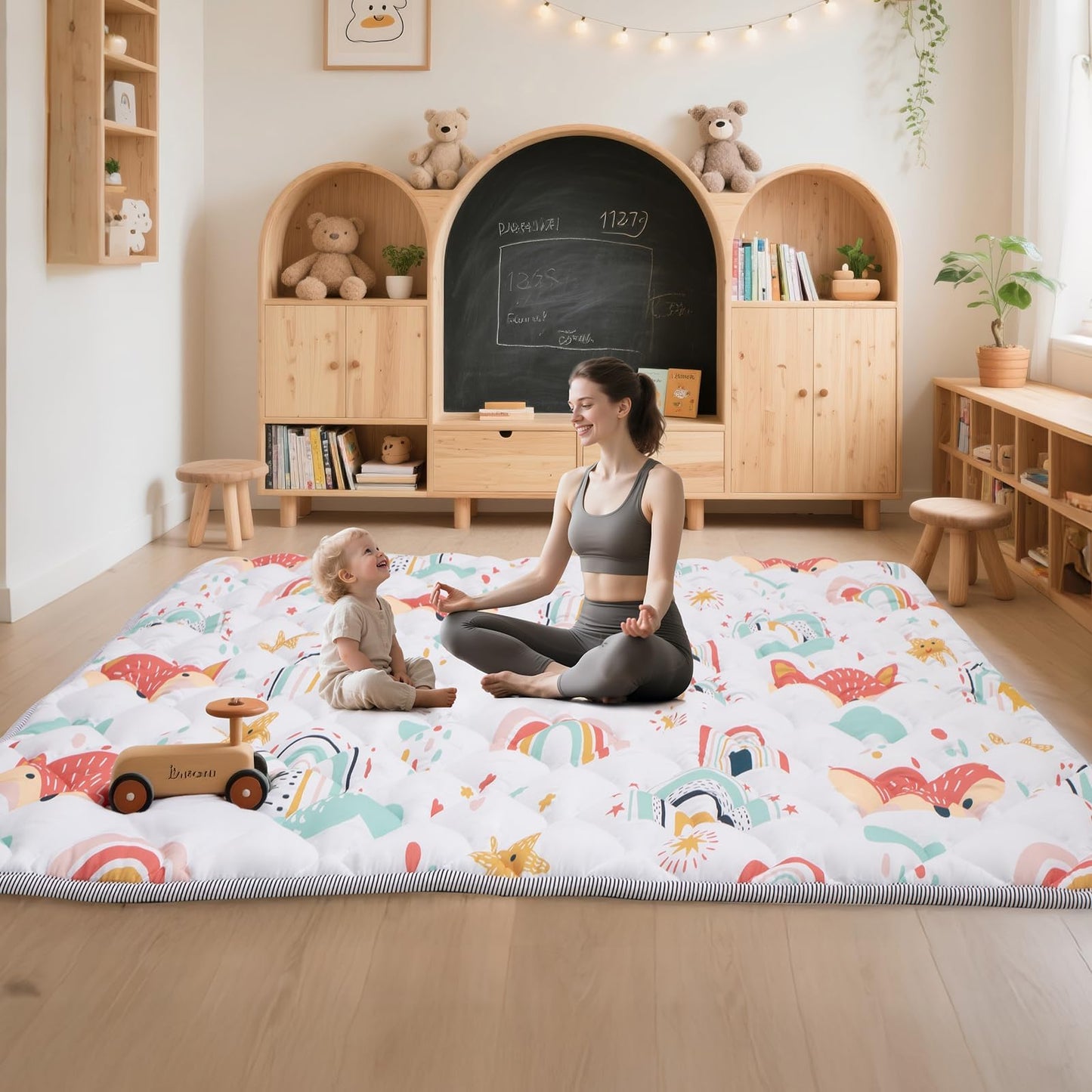 Duwenem Baby Play Mat for Floor,50x50 Inch Soft Padding Crawling Mat for Playpen, Foldable and Machine Washable, Thick for Babies & Toddlers,Rainbow Fox