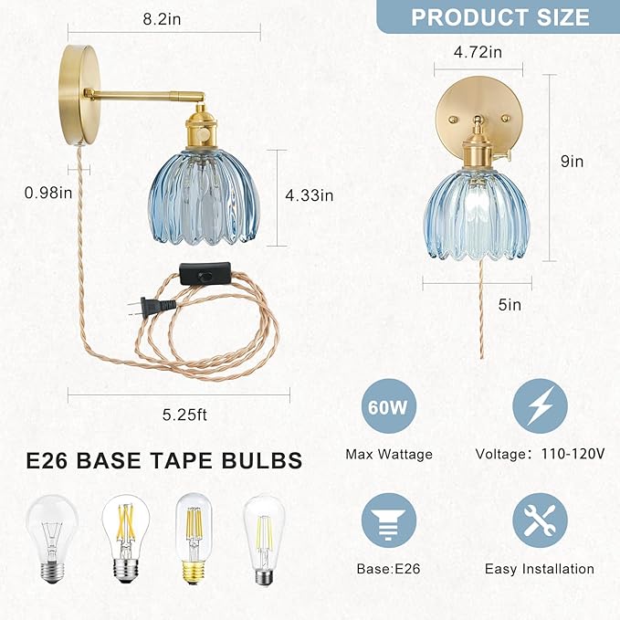 Plug in Wall Sconces Set of 2, Vintage Wall Sconce Light with Tulip Denim Blue Glass Lampshade, 180° Adjustable Wall Sconce with Switch and Plug in wall lamp Cord, Gold Wall Light Wall Decor Set of 2