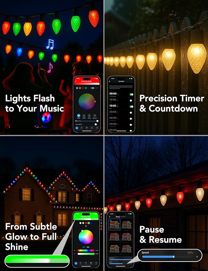Smart Christmas Lights C9 Outdoor,66FT 100LEDs,App Remote Controlled RGB Chasing String Lights with DIY & Timer,108 Modes, Music Sync,Waterproof for Tree,Garden,Holiday Display,Halloween Lights