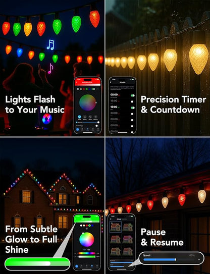 Popotan C-9 LED Christmas Lights Outdoor, 33FT 50 LEDs Smart RGB String Lights with App Remote Control, 108 Modes, Waterproof for Porch, Fence, Holiday Decoration,Halloween Lights