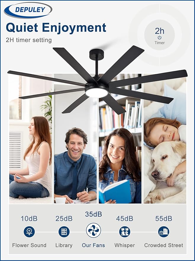 Depuley 66" Ceiling Fans with Lights: Black Indoor/Outdoor Ceiling Fan for Patios Living Room - 8 Blades Dimmable Large Ceiling Fans with Remote APP Control Timer Reversible Quiet DC Motor 6 Speeds