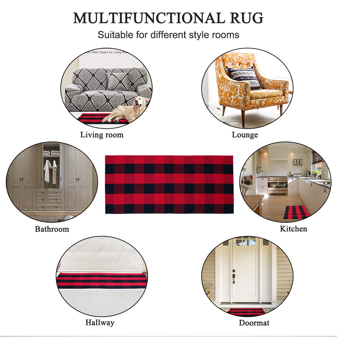 uxcell Buffalo Check Rug,Plaid Outdoor Rug,Layered Door Mat,Cotton Gingham Rugs,Floor Mat for Front Porch/Runner/Bedroom/Kitchen/Farmhouse 51"x24" Red & Black