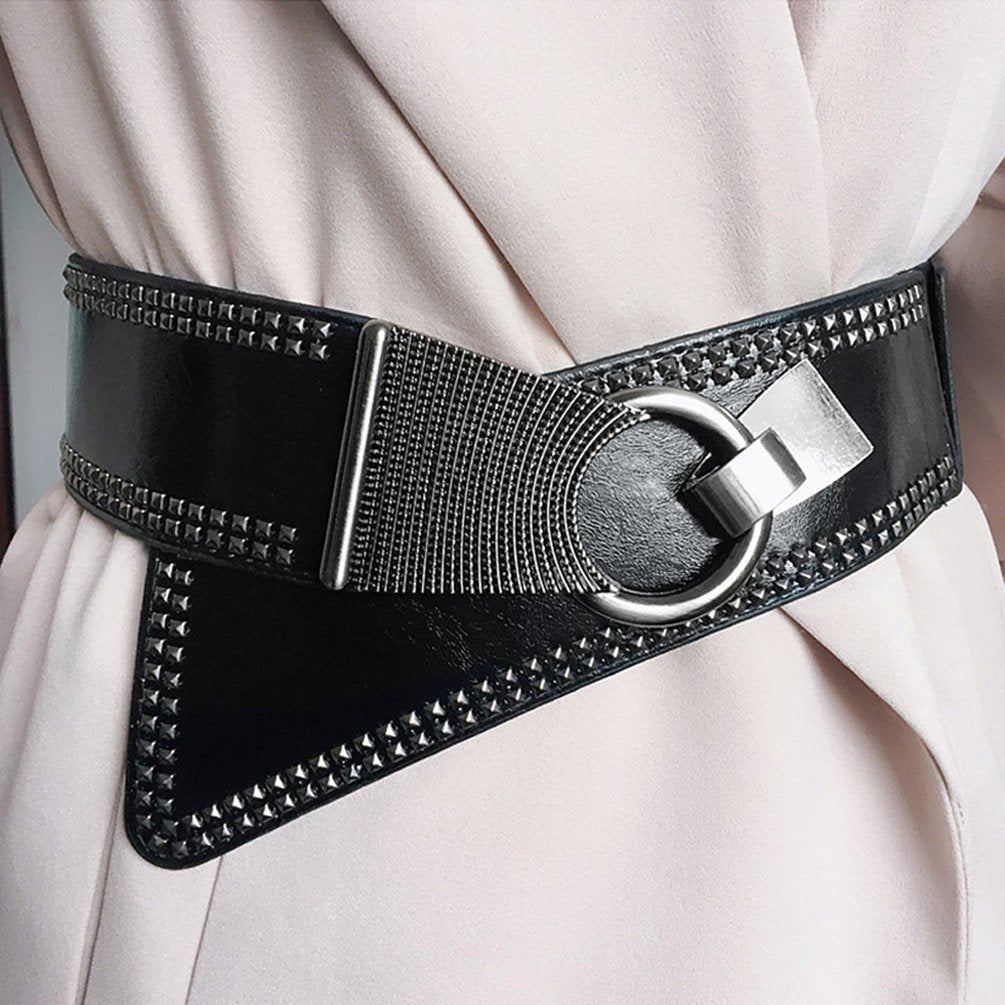 macoking Studded Wide Belts for Women Elastic Chunky Waistband for 80s Dress, Black, M