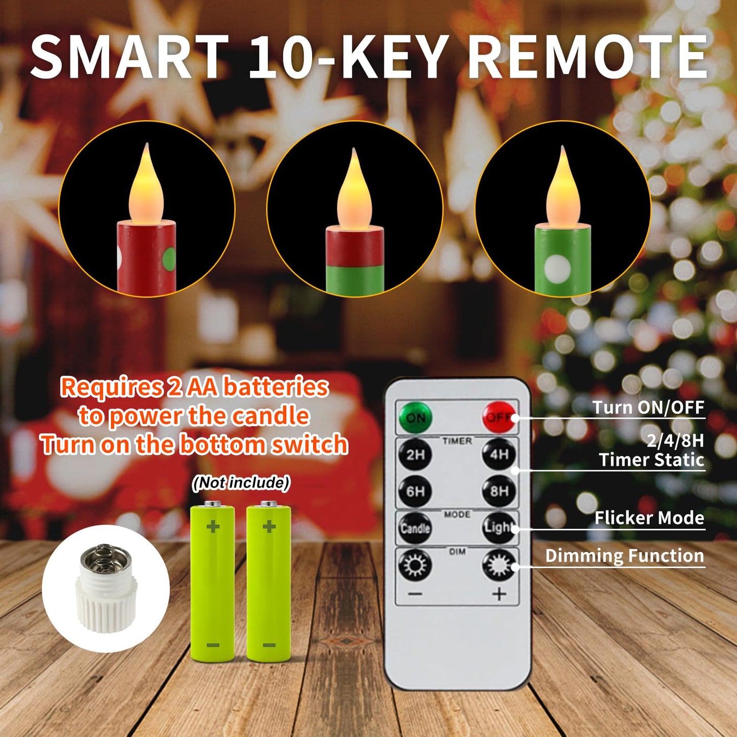 Sariiraw 6 Pcs 10.6 Inch Battery Operated Flameless Taper Candles - LED Candlesticks with Remote & Timer for Christmas, Winter Holiday & Party Table Decor
