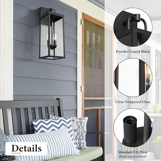 Outdoor Wall Sconce Light, 20 Inch Tall Transitional Exterior Wall Bracket Lighting with Clear Glass, Anti-Rust Powder Coat Black Modern Outside Lantern for Front Porch Corridor Doorway Patio