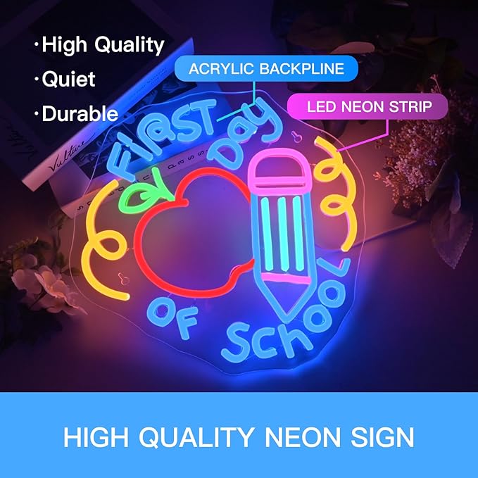 Horseneon First Day of School Neon Sign School Neon Signs for Classroom,Lights for Wall Decorative Colorful LED Wall Decor for Classroom Dorm or Home a Gift for Students and Teachers