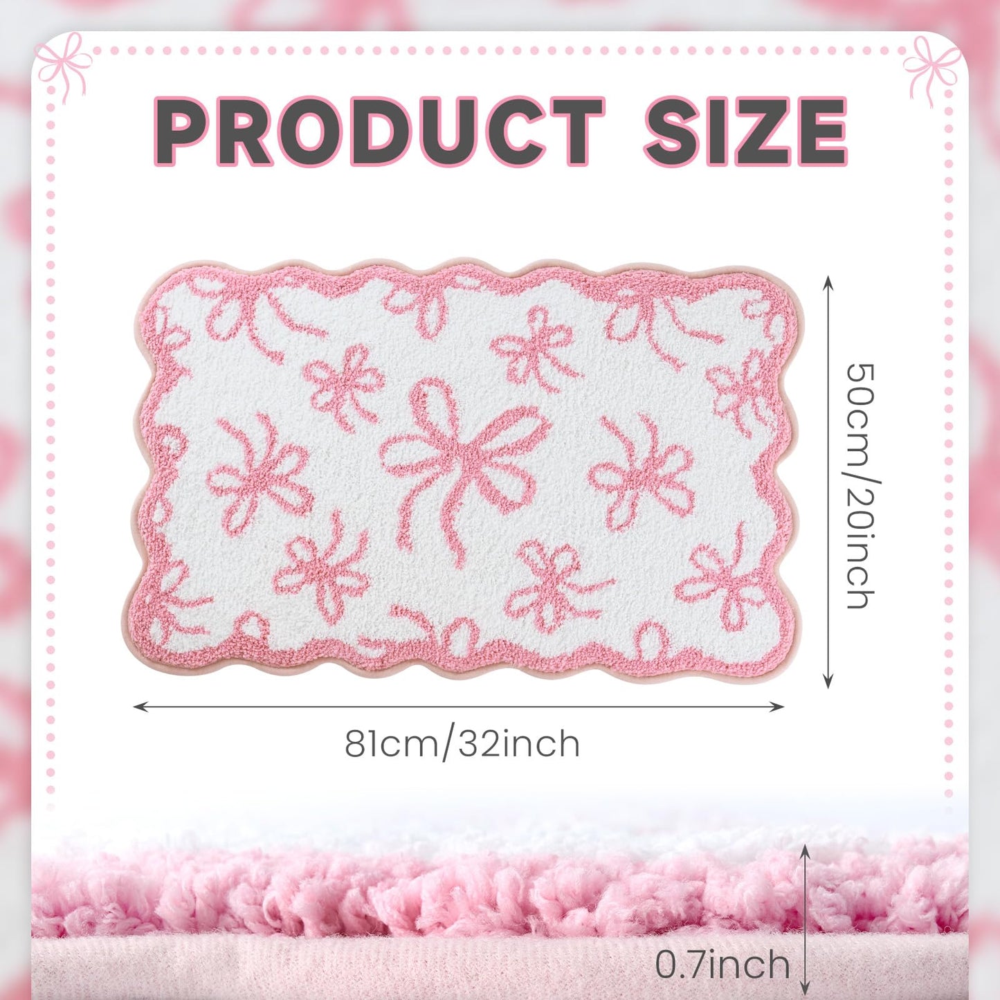 Moutina Pink Bow Bathroom Rug 20x32 Inch, Soft and Absorbent Tufted Coquette Scalloped Bath Mat Non Slip Washable, Cute Bow Decor for Bathroom Bedroom