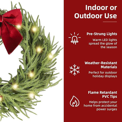 26 Inch Christmas Wreaths for Front Door with Lights,Lighted Norfolk Pine Door Wreath,Prelit Real Touch Artificial Green Winter Wreath with Large Burgundy Velvet Bow for Indoor Outdoor Decor