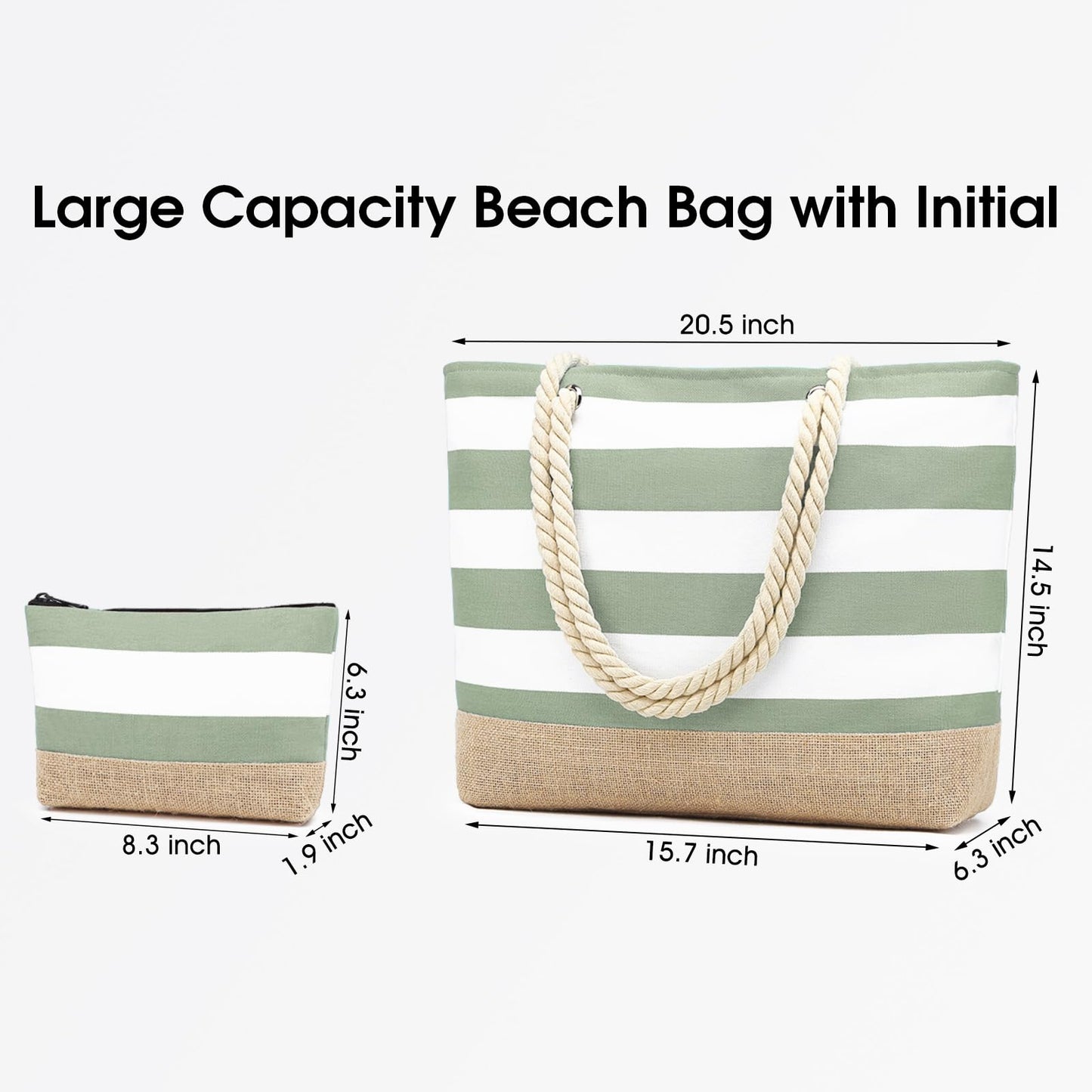 Becokan Beach Bag Initial Beach Tote with Makeup Bag for Travel, Work, Storage Personalized Birthday Gifts for Women Her (Plain, Light Green)