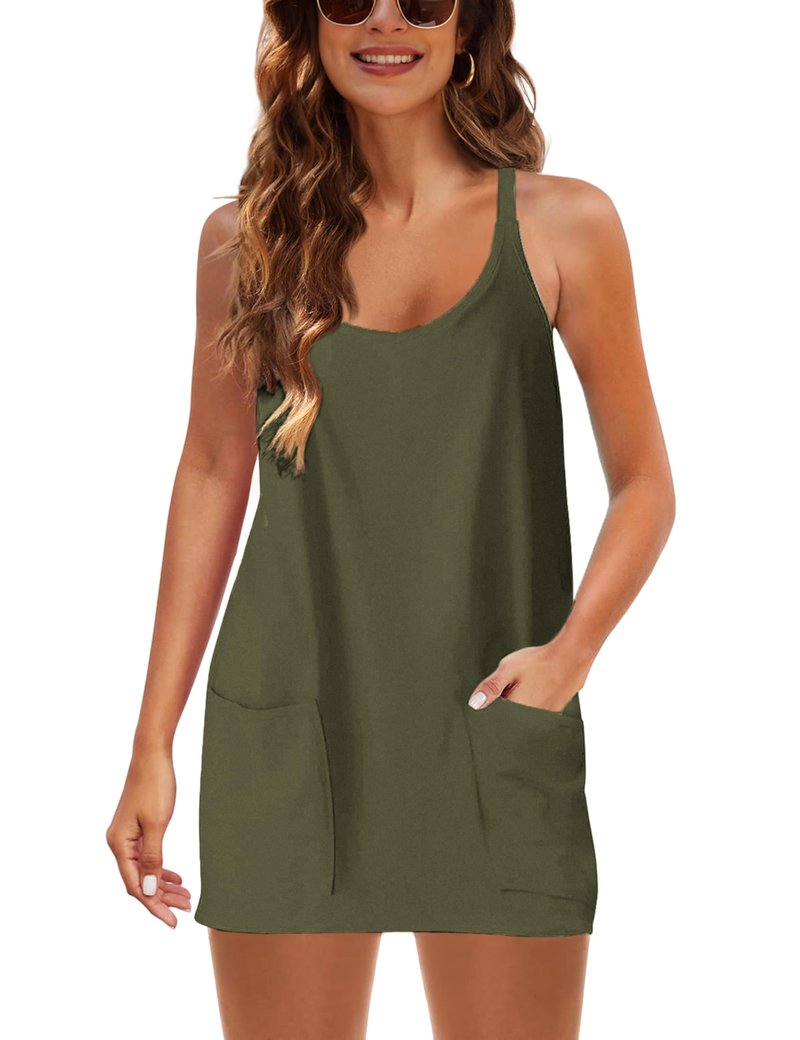 Faleave Women's Summer Sleeveless Mini Dress Athletic Dress Spaghetti Strap Short Tennis Dress with Pockets(ArmyGreen-XS)