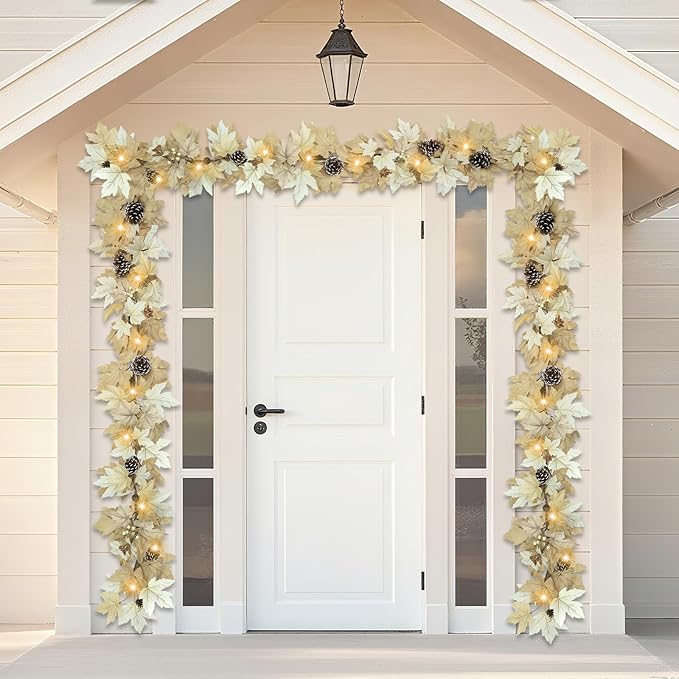 6 FT Realistic Fall Garland with Lights Timer Function Fall Leaves Maple Garland with Berries Pine Cones Autumn Automatic Fall Decorations for Home Mantle Fireplace Porch Table Decor