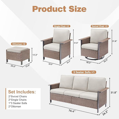 Outdoor Patio Furniture Set -7 Pieces All-Weather Wicker Swivel Patio Chairs Rattan 3 Seater Sofa with 2 Ottomans, Wicker Sofa Outdoor Furniture for Garden Porch Deck Backyard Brown/Beige