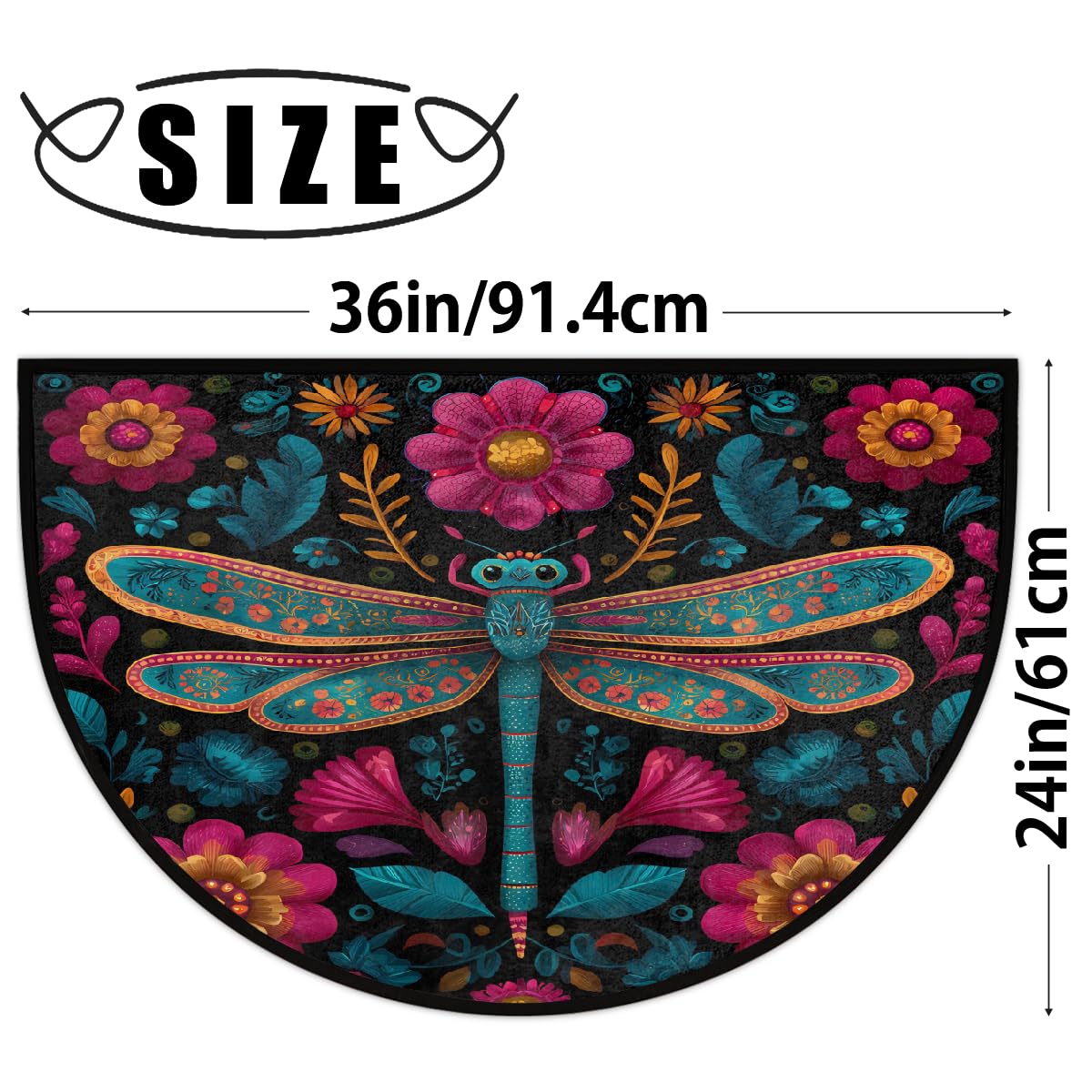 Peaom Folk Art Boho Dragonfly Flower Half Round Door Mat Indoor Entrance Low Pile Non Slip Absorbent Semi Circle Welcome Mats Doormats 36x24 in Floor Mats for Home Kitchen