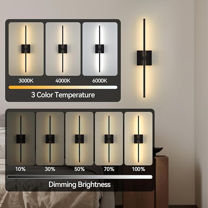 Battery Operated Wall Sconces Set of 2, Wall Sconce with Remote Control, 26.7 Inch 3000K-6000K Dimmable Wireless Rechargeable Sconce,Wall Lights for Bedroom, Living Room, Hallway(Black)