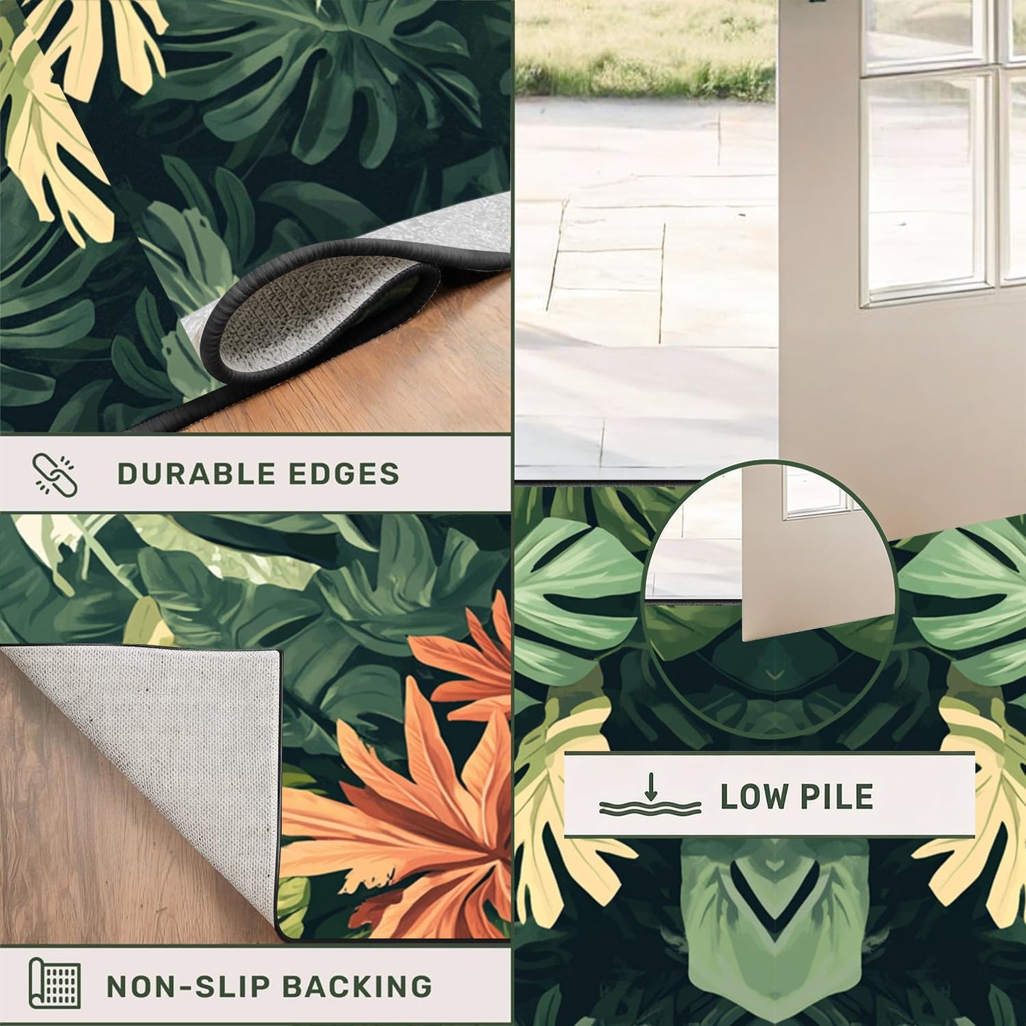 Tropical Leaves Runner Rug, 2x7ft, Hawaiian Bohemian Palm Leaf Monstera Plant Runner Hallway Rug, With Rubber Backing Green Leaf Soft Floor Rug for Bedroom Kitchen Dining Room Laundry Room - Green