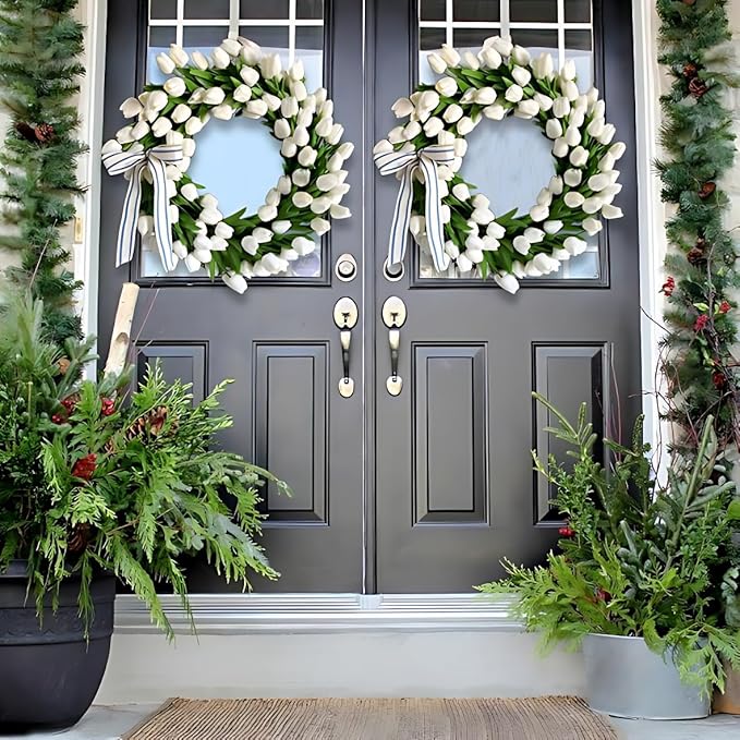 Spring Wreaths for Front Door, 16 Inch Summer Garland with White Tulips, Artificial Tulip Wreath for Farmhouse Home Wall Indoor Outdoor Window Decor