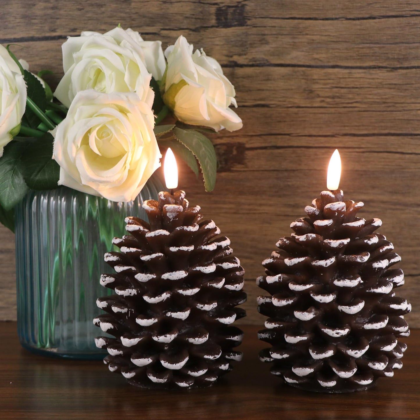 DRomance Flameless Pinecone Candles Battery Operated with 6 Hour Timer Set of 2 Real Brown Wax 3D Wick LED Flickering Pillar Candles Christmas Holiday Decor(White, 3.5 x 6 Inch)