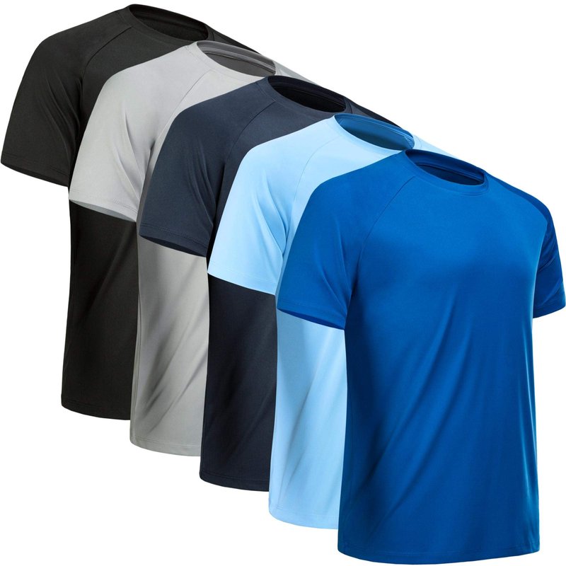 MCPORO Workout Shirts for Men Short Sleeve Quick Dry Athletic Gym Active T Shirt Moisture Wicking 5 Pack Black, Light Grey, Navy, Blue, Light Blue X-Large