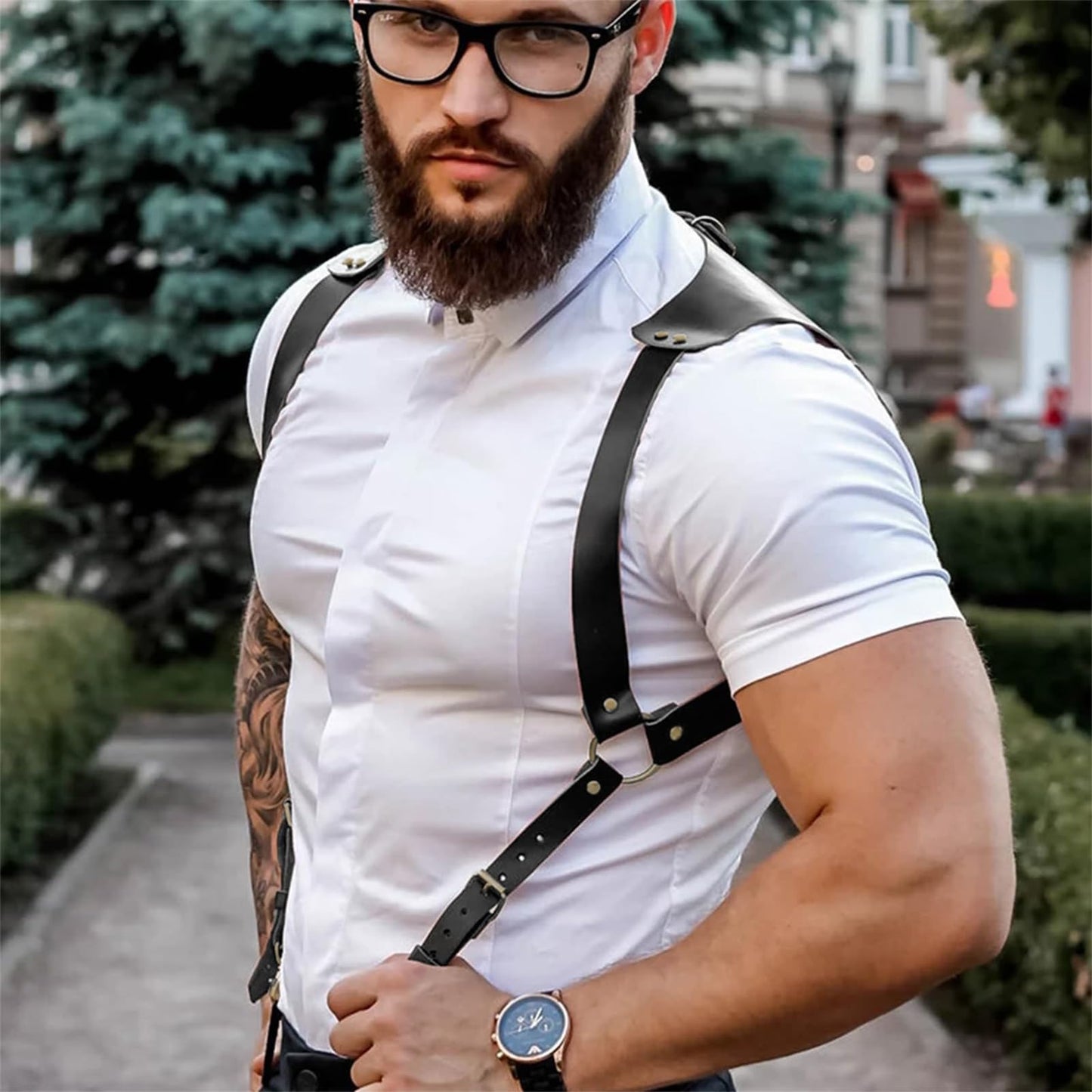 TARZNGGLOP Harness Belt Costume for Men, Men's Pu Leather Body Chest Sexy Body Harness Belt Adjustable Buckle Clothes Outfits, Nightclub Cosplay Clubwear