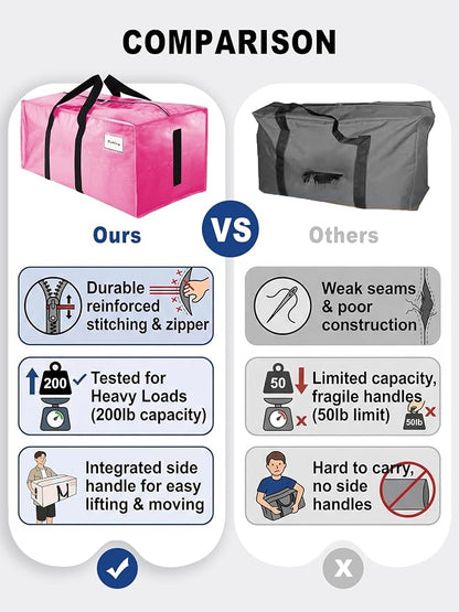 HOMESURE Supports 200lbs Heavy Duty Moving Bags - Strong Zipper & Wrap-Around Handles - Water-Resistant Storage Totes, Durable Alternative to Moving Boxes - 4 Pack - Pink