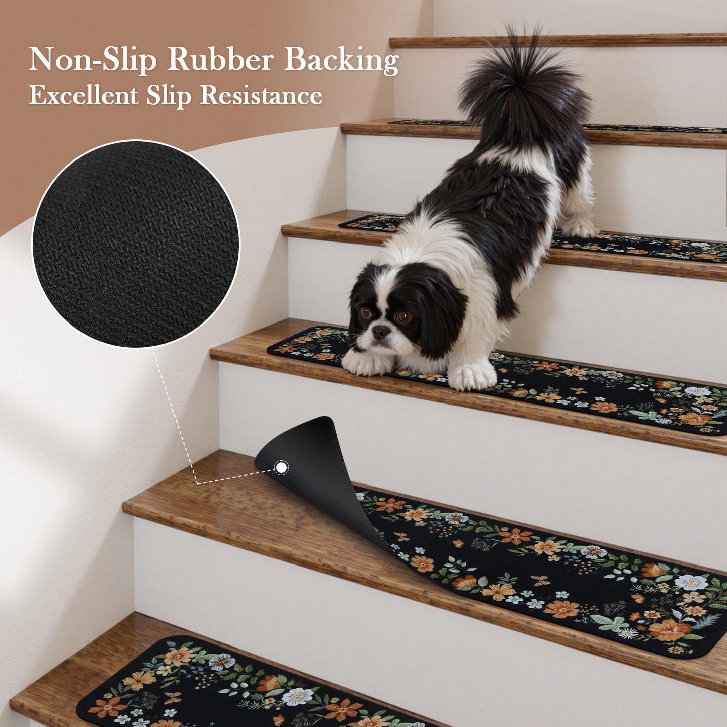 OJIA Floral Stair Treads Non-Slip Carpet Stair Treads for Wooden Steps Indoor 15PCS 30"x8" Stair Runner Stair Mats Staircase Step Treads for Kids, Elders and Dogs, Stair Covers, Black