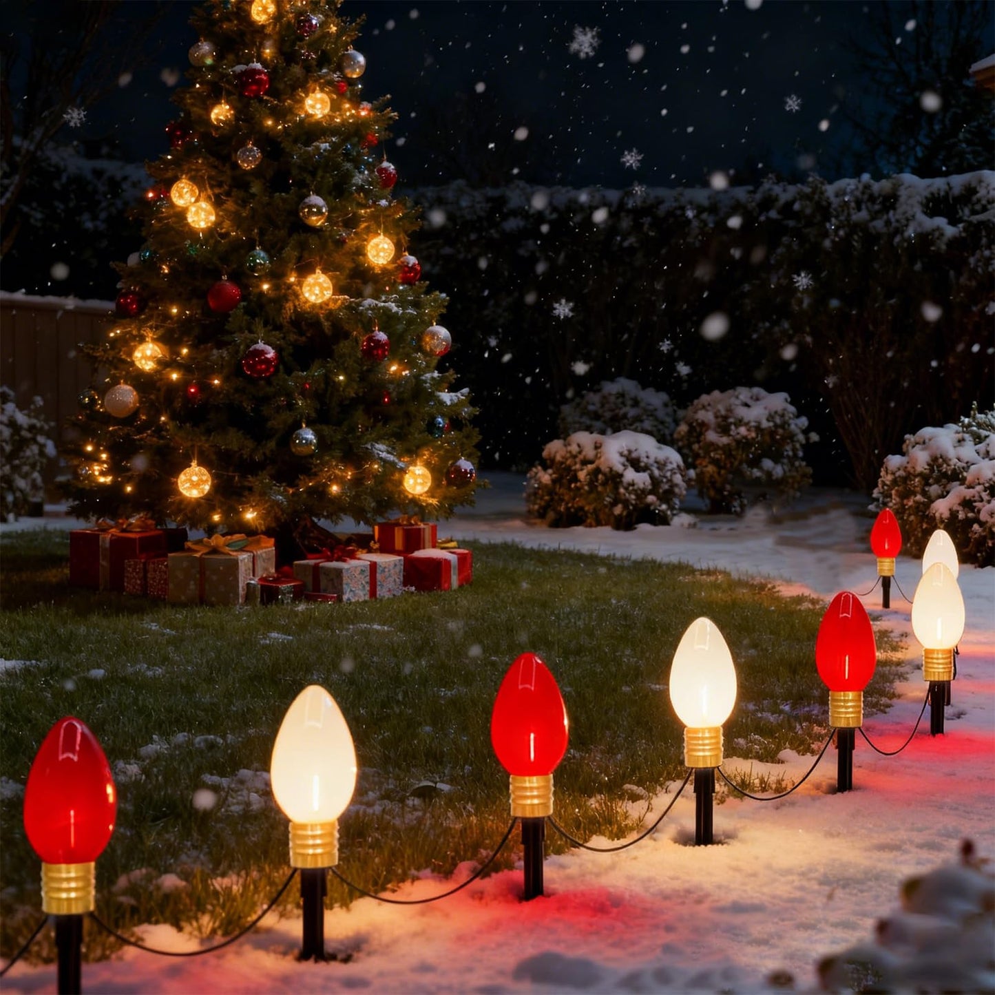 2 Pack Jumbo C9 Christmas Pathway Lights, 14FT Red & White LED Outdoor Path Lights, Waterproof Connectable Giant C9 Pathway Markers for Yard, Garden, Walkway, Christmas Decorations