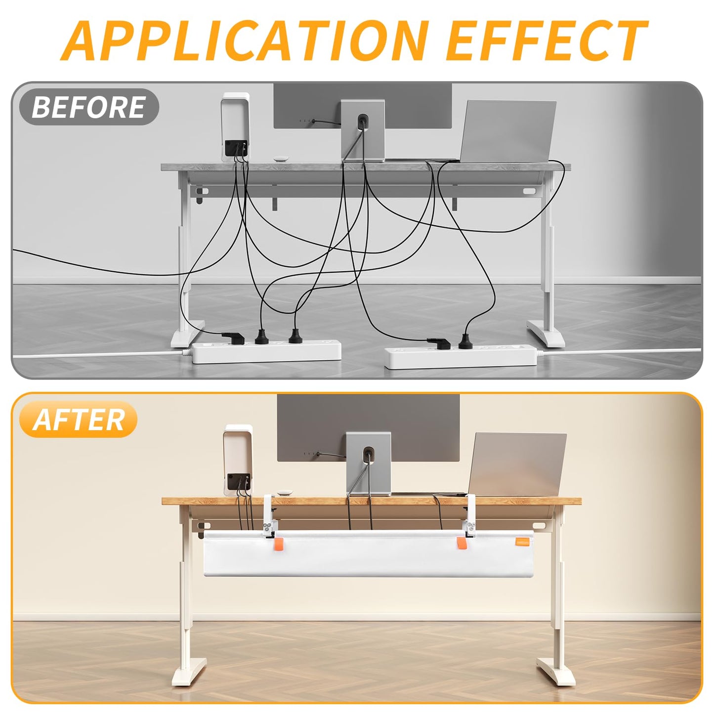 SUREUP9 Under Desk Cable Management Tray with Clamp, No Drill 36" Cord Organizer for Desk, Desk Cable Management Fabric Tray for Standing Desks, Ideal for Home & Office - White