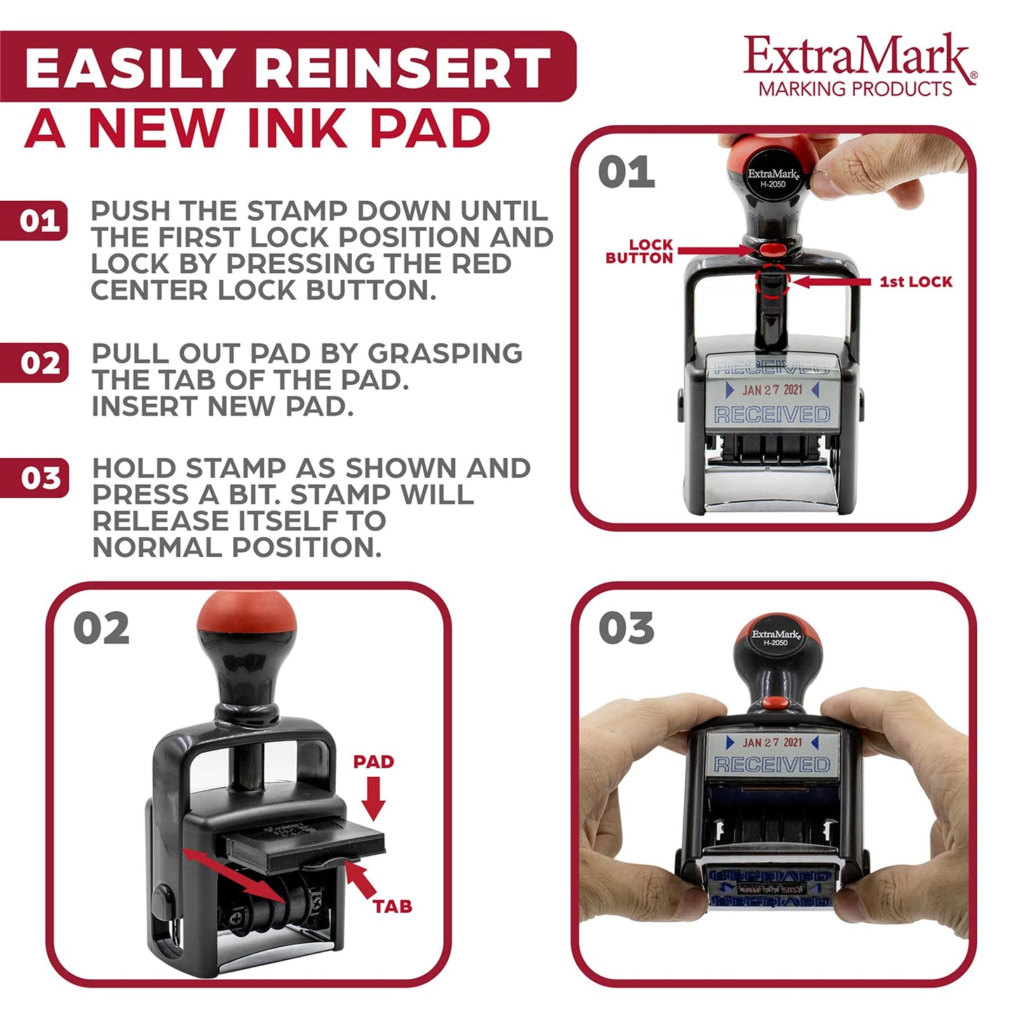 Heavy Duty Style Office Date Stamp with Received - Self Inking Dater - Style C - Blue & Red Ink Color