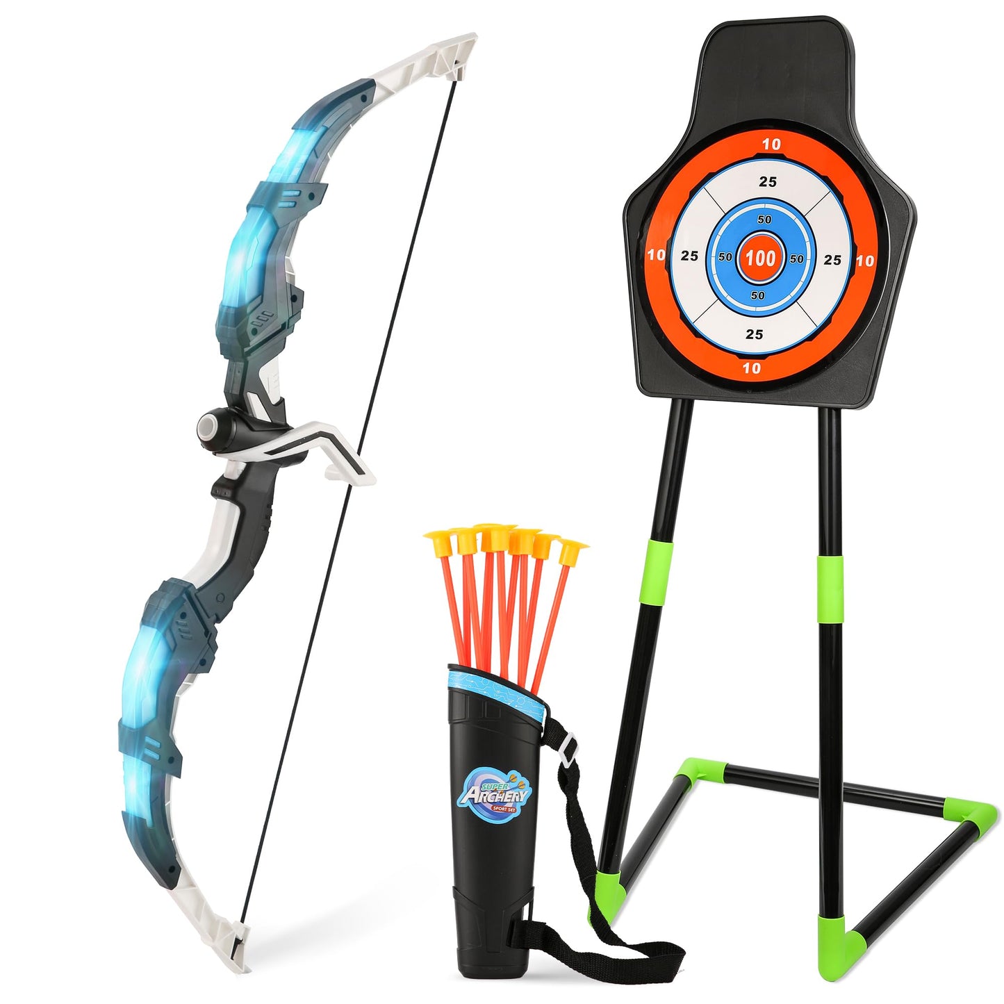Handwell Bow and Arrow Set for Kids LED Light Up Archery Set with 10 Suction Cup Arrows Indoor Outdoor Toys with Standing Target & Quiver, Xmas Birthday Gifts for Boys Girls Age 4-8 8-12
