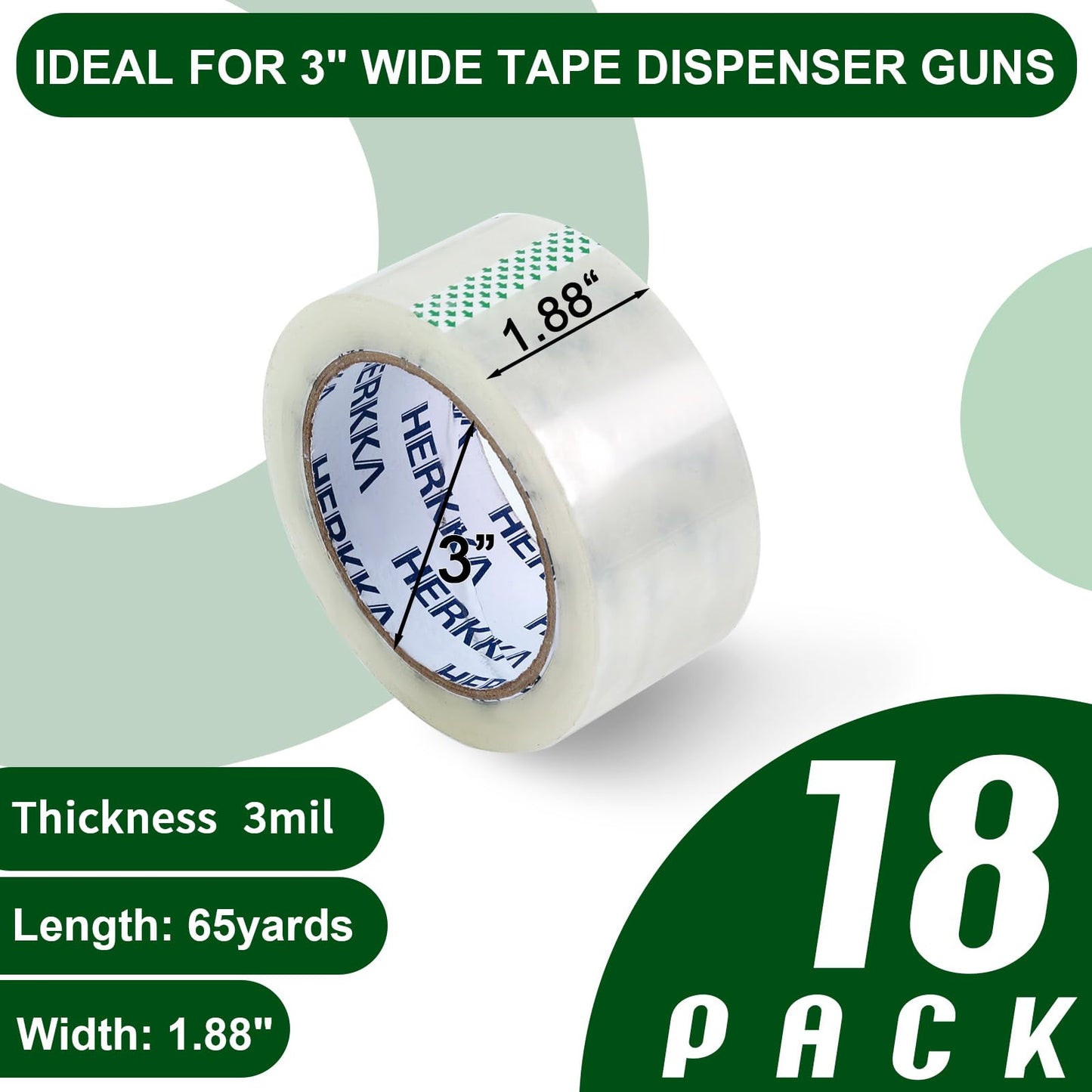 HERKKA Clear Packing Tape, 18 Rolls Heavy Duty Packaging Tape for Shipping Packaging Moving Sealing, 3 Mil Thick Clear Packing Tape, 1.88 inches Wide, 65 Yards Per Roll, 1170 Total Yards
