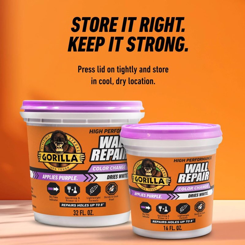 Gorilla High Performance Wall Repair Color Change, 32 Ounce Tub, Applies Purple, Dries White – Spackling & Primer in One, Shrink & Crack Resistant
