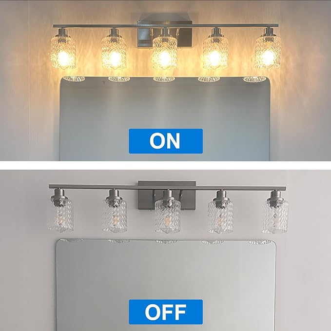 MELUCEE 5 Lights Brushed Nickel Bathroom Light Fixture Modern Light Fixtures Wall Mounted Modern Vanity Lighting with Hammered Glass Shade Suitable for Bathroom Mirror Sink Cabinet