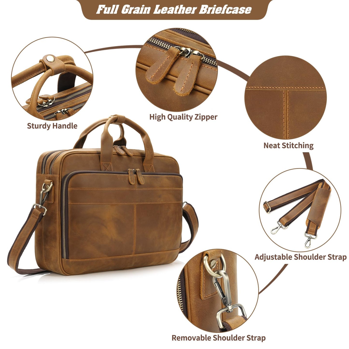 Jack&Chris Full Grain Leather Briefcase for Men,Business Messenger Bag Fits 15.6" Laptop, Vintage Business Messenger Bag with Adjustable Strap, Durable Briefcase with Travel Luggage Strap