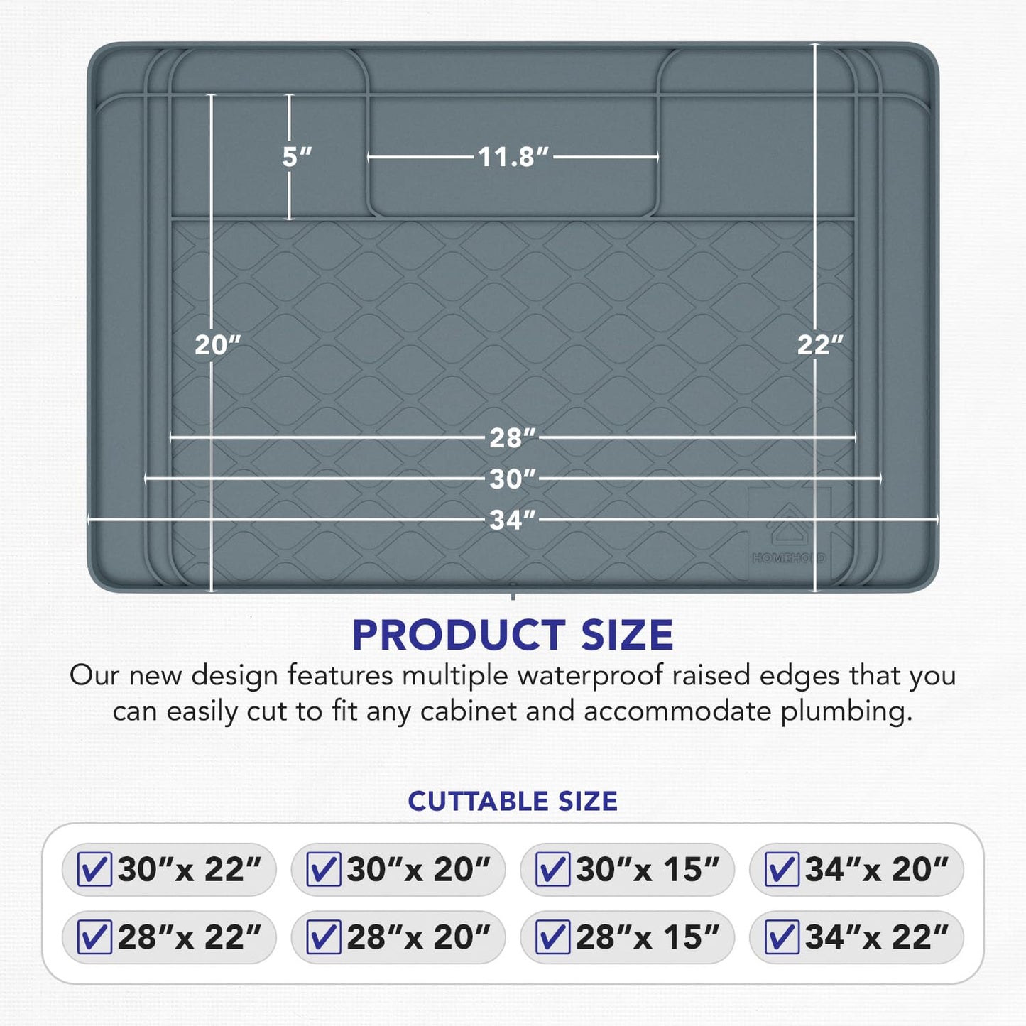 Premium Under Sink Mats for Kitchen Waterproof, 34" x 22" (Customizable to Smaller Sizes), Silicone Under Kitchen Sink Mat for Bathroom Cabinets, Holds up to 3.3 Gallons of Liquid – Grey