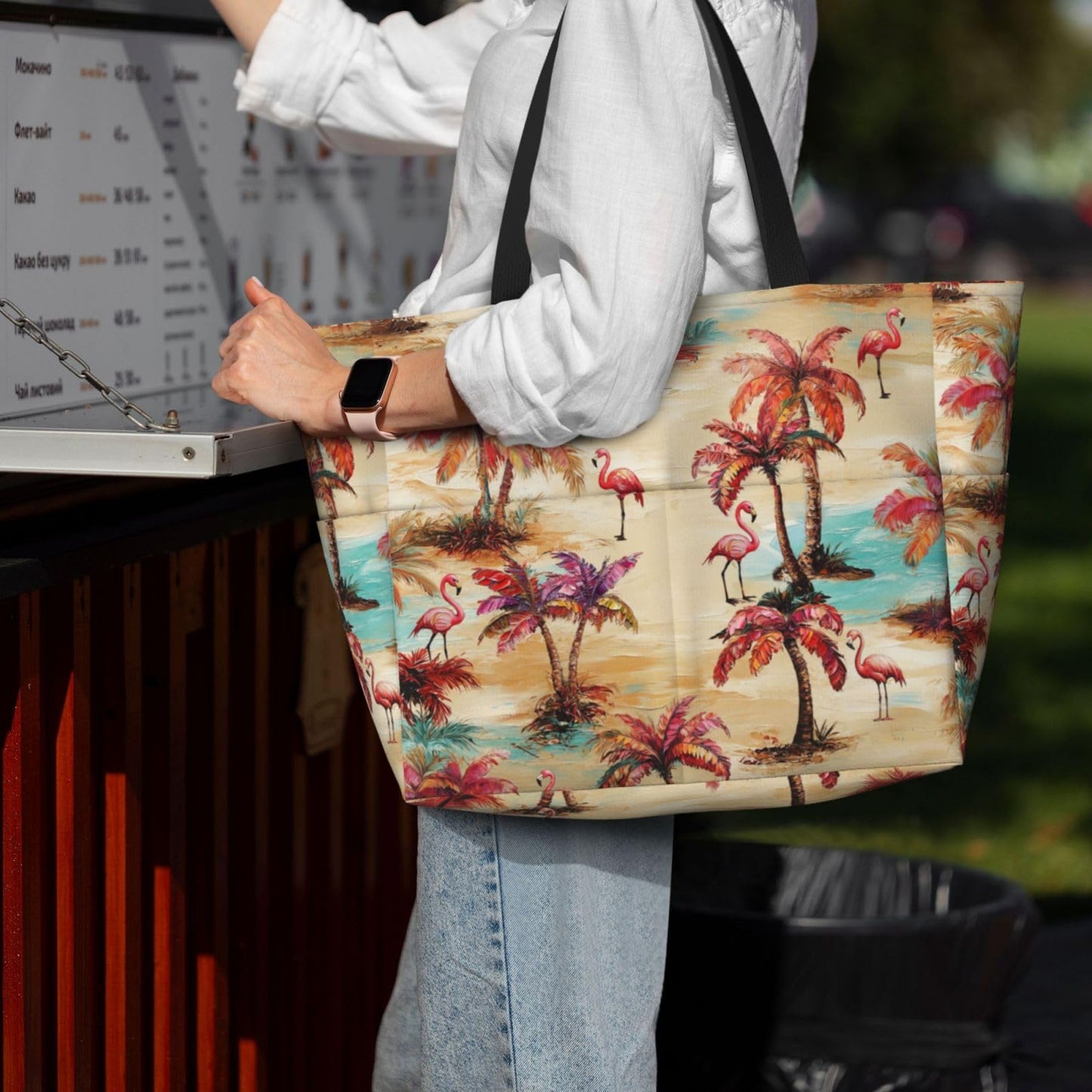 NLZI Beach Bag for Women Plam Tree Print Beach Tote Bag Waterproof Sandproof Large Bags with Zipper Big Capacity for Travel