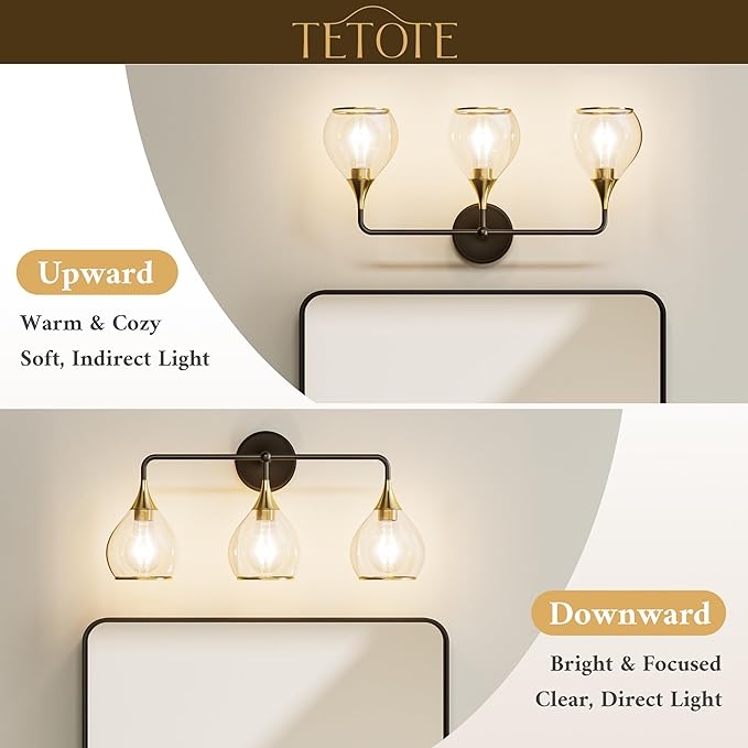 TETOTE 2-Light Modern Bathroom Light Fixtures, 2 Light Vanity Lights Over Mirror Black & Gold Wall Lamp with Clear Glass for Bathroom, Mirror, Living Room, Bedroom, Hallway