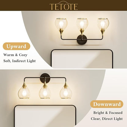 TETOTE 3-Light Modern Bathroom Light Fixtures, 3 Light Vanity Lights Over Mirror Black & Gold Wall Lamp with Clear Glass for Bathroom, Mirror, Living Room, Bedroom, Hallway