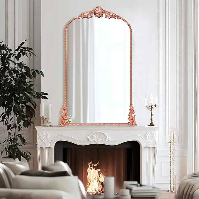 Growsun Arched Mirror, 24’’x42’’ Antique Baroque Traditional Ornate Wall Mirror Decor with Full Metal Frame for Fireplace/Entryway/Living Room/Bathroom