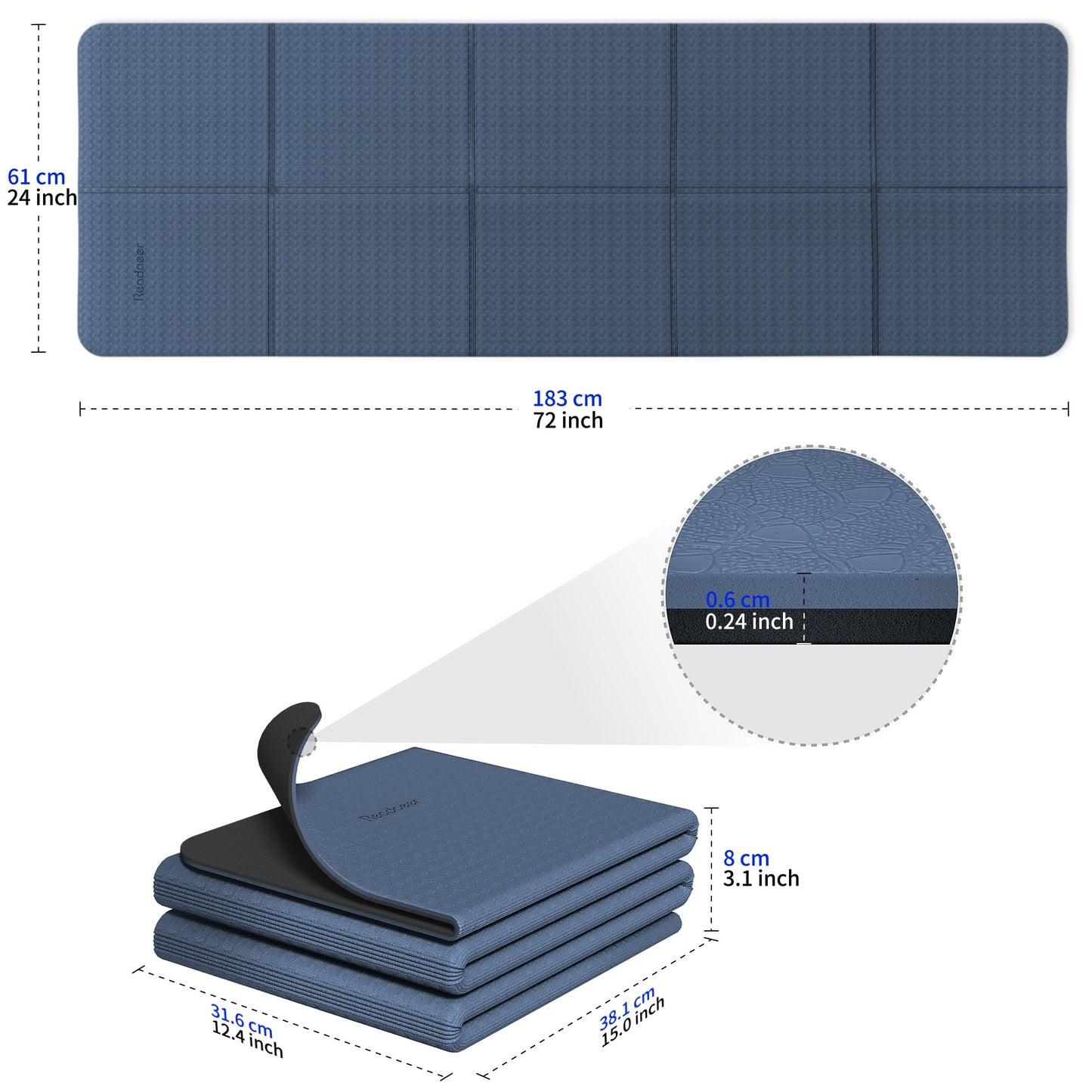 Readaeer Foldable Yoga Mat for Travel Folding Yoga Mat 6mm Thick with Carrying Bag, Non-Slip TPE Exercise Pilates Mat for 72" L x 24" W x 0.24 Inch (Blue)