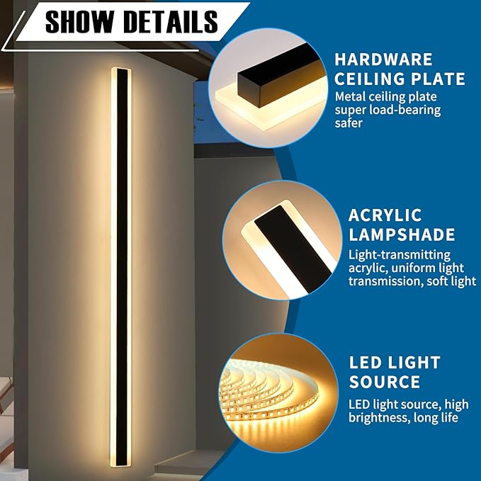 2 Pack Long LED Wall Light, 71inch Modern Wall Sconce, 60W, 3000K Warm White, IP65 Waterproof, White Acrylic, Outdoor Wall Mount Light Fixture for House, Patio, Garage, Entryway, Fence